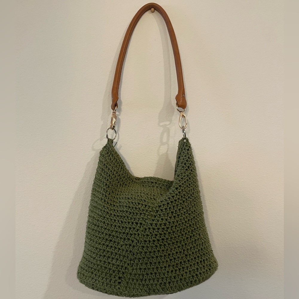 Green Crochet Hobo Bag with Tan Strap
